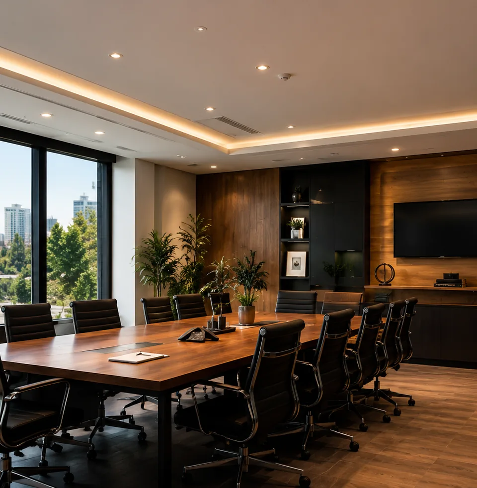 A boardroom with a long timber table and floor-to-ceiling windows.