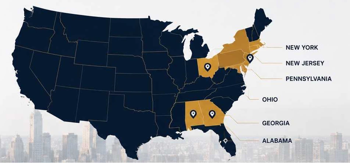 A map of the United States with New York, New Jersey, Pennsylvania, Ohio, Georgia and Alabama picked out in gold.