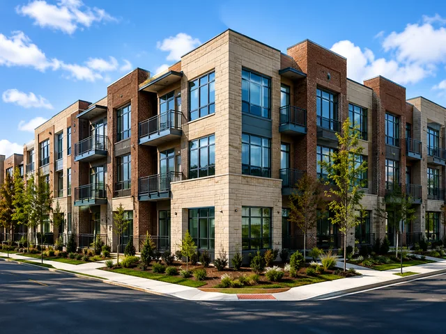 A three-storey multifamily building in brick and stone on a corner plot.