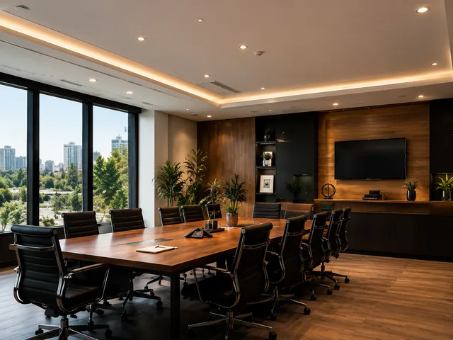 A fitted-out boardroom with a long timber table and floor-to-ceiling windows.
