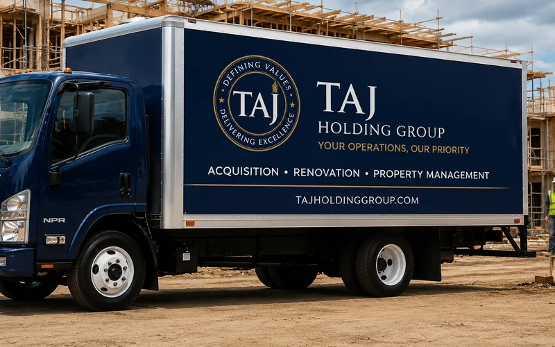 A navy Isuzu box truck in Taj Holding Group livery, parked at a construction site.