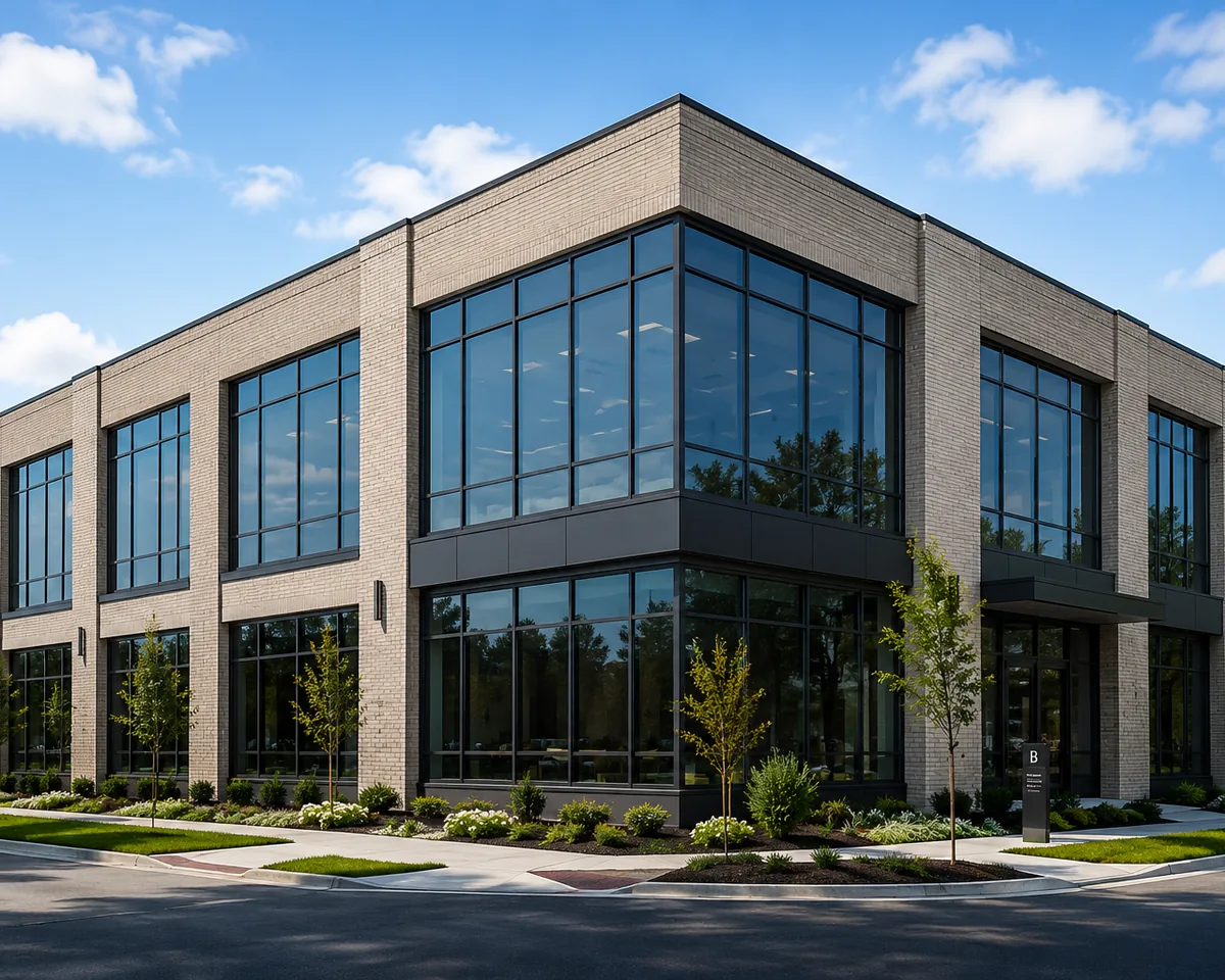 A commercial office building in stone and glass, photographed from the street.