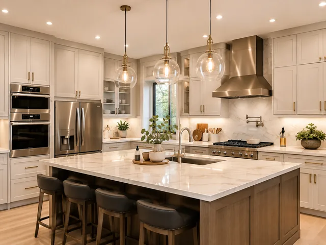 A renovated kitchen with a stone island, pendant lighting and fitted appliances.