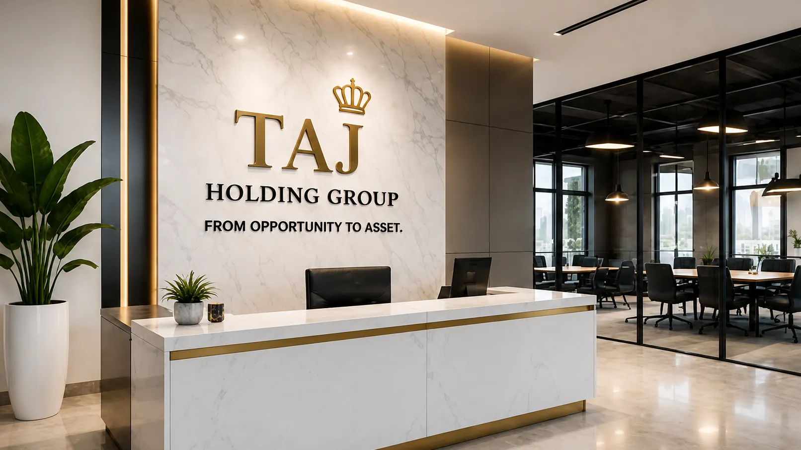 A private office with the Taj Holding Group seal on the wall.
