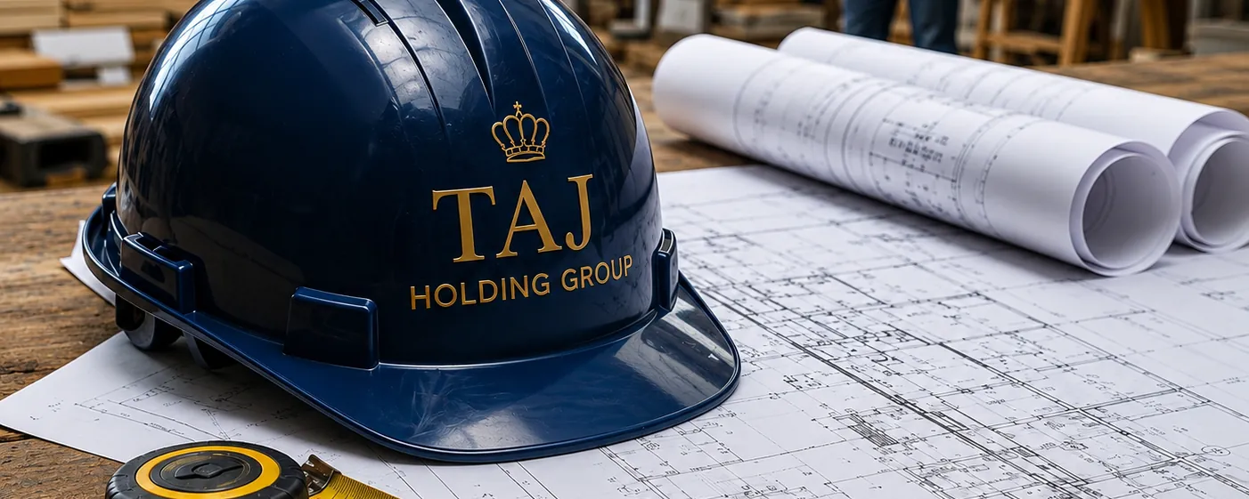 A Taj Holding Group hard hat resting on building plans.
