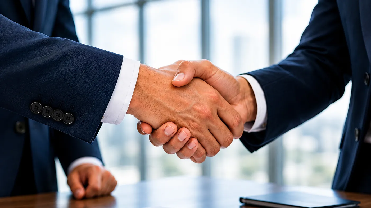 Two people shaking hands over a Taj Holding Group folder.