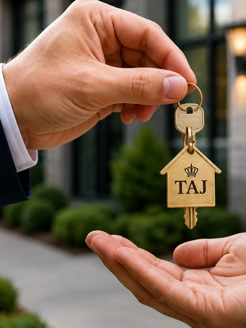 Keys with a Taj Holding Group fob being handed over.