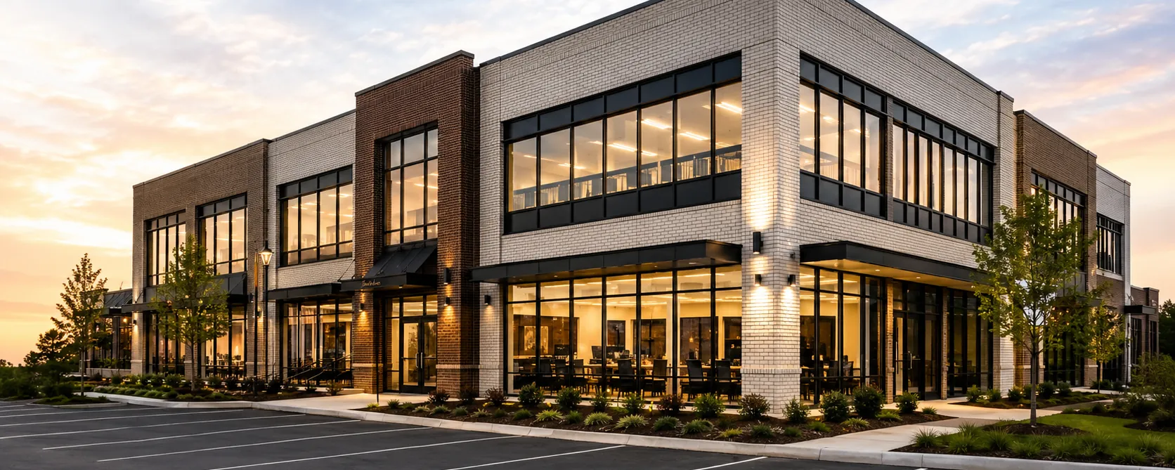 A two-storey commercial building lit at dusk.