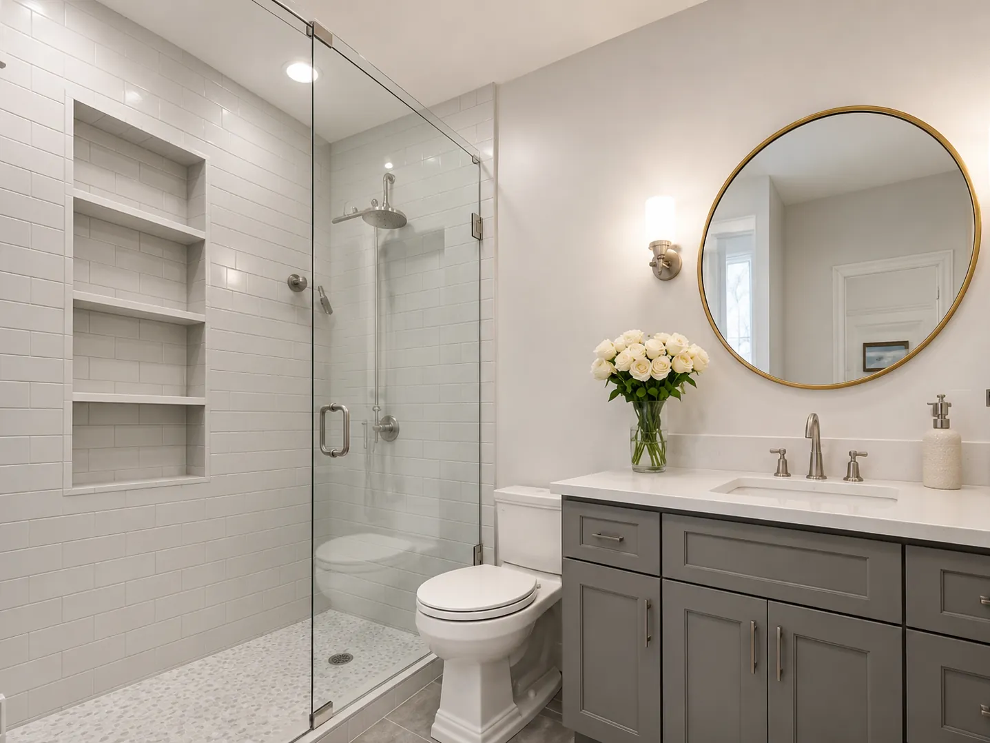 A finished bathroom with a walk-in shower.
