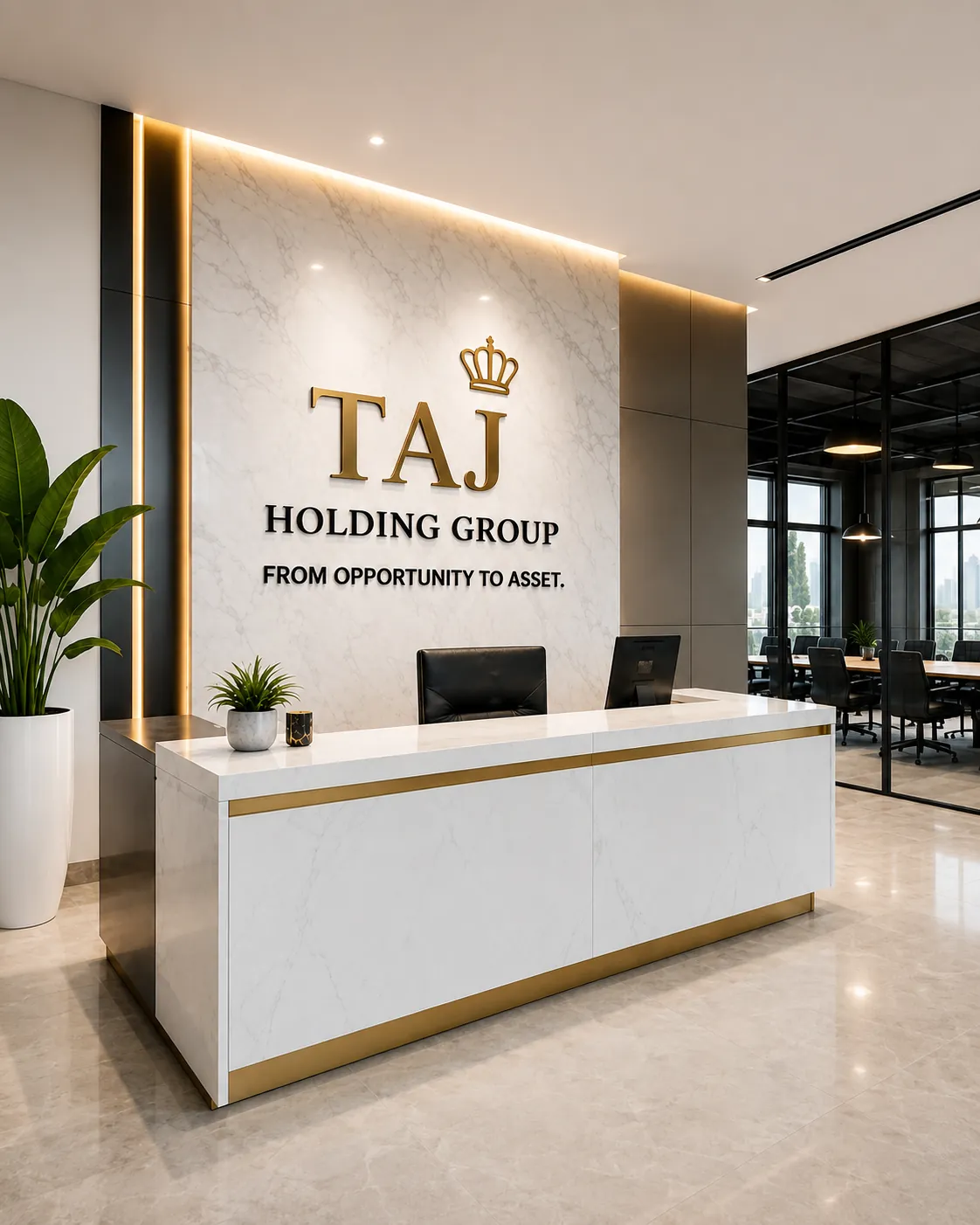 The Taj Holding Group reception, with the company seal on the wall.