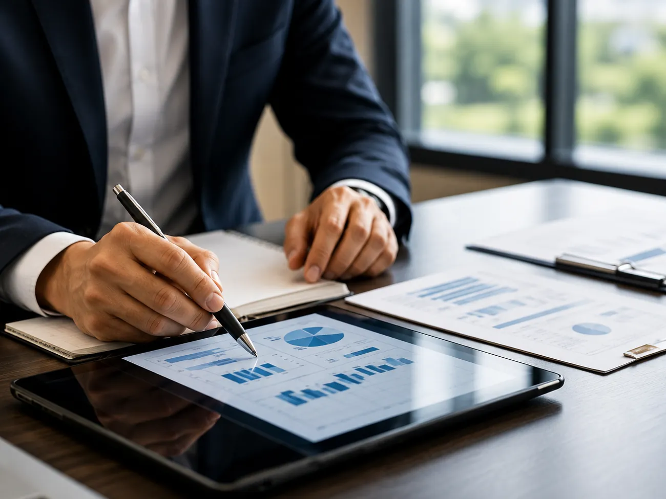 Reviewing property performance charts at a desk.