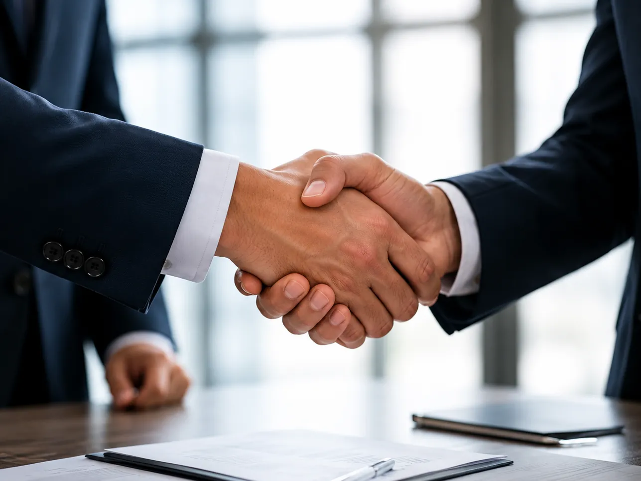 Two people shaking hands across a desk.