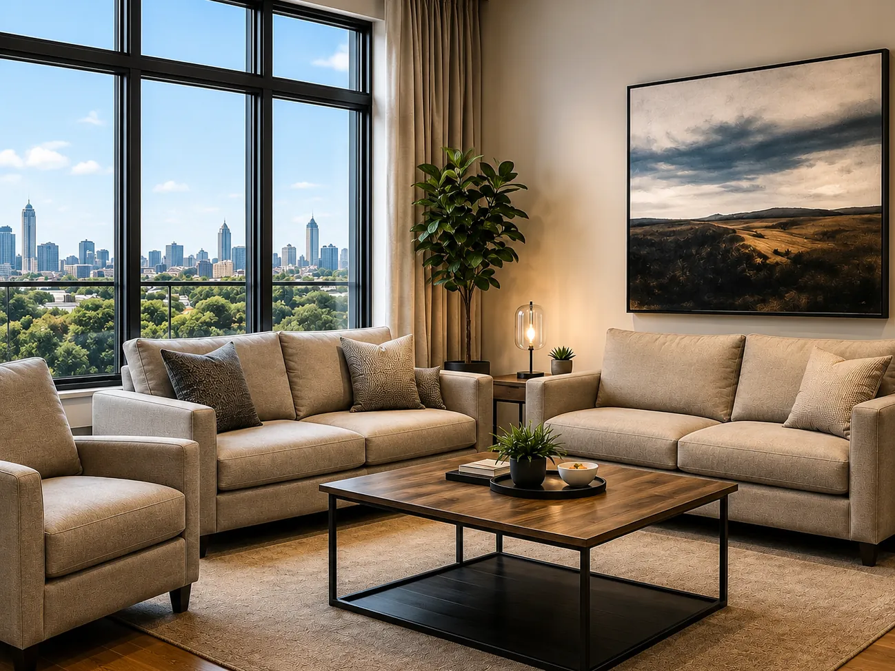 A furnished living room prepared for viewing.