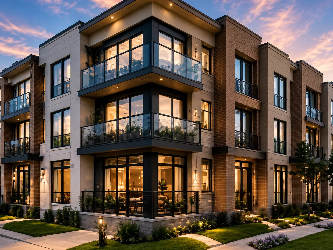A multifamily building at dusk.