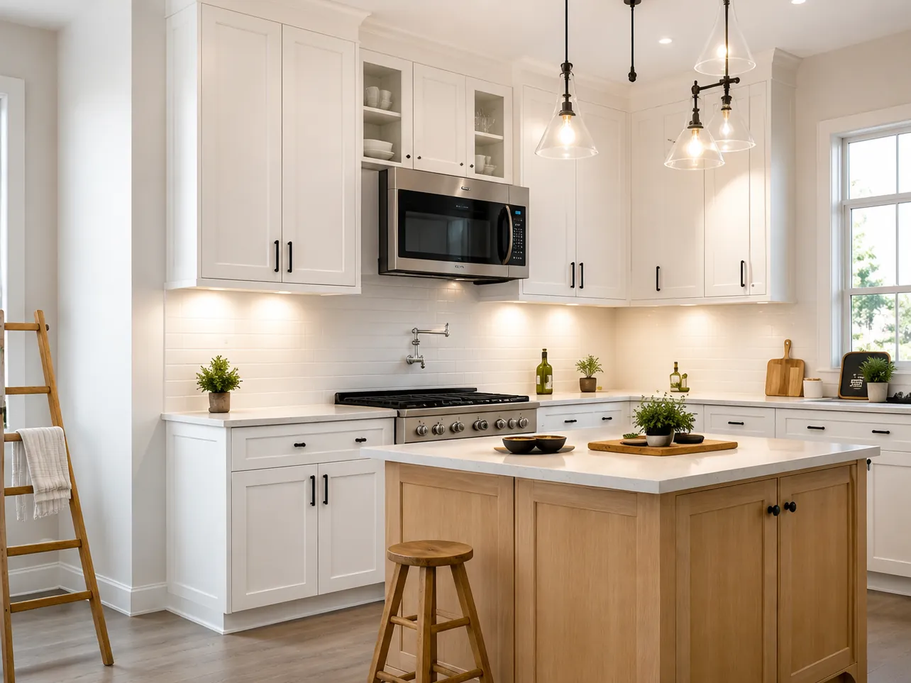 A kitchen mid-renovation with a stepladder in place.